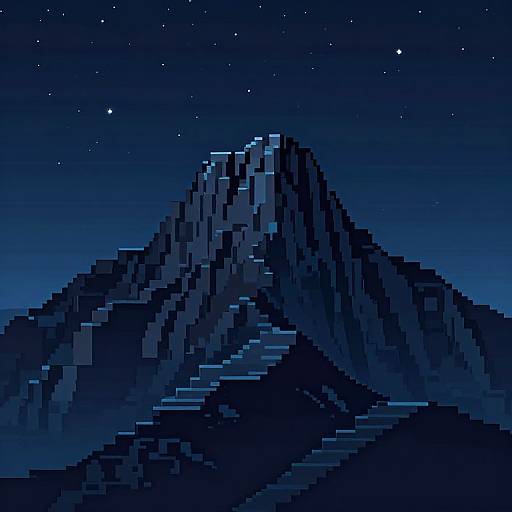 Pixel art of a dark blue, triangular mountain peak under a starry night sky. The mountain's sharp edges and digital color gradients create a striking,