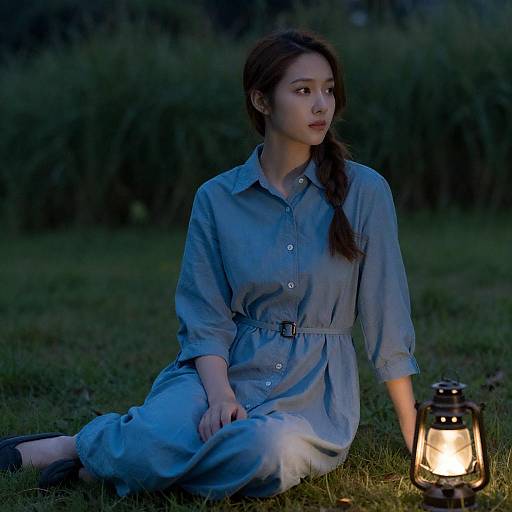 Young Woman in Blue Dress with Lantern