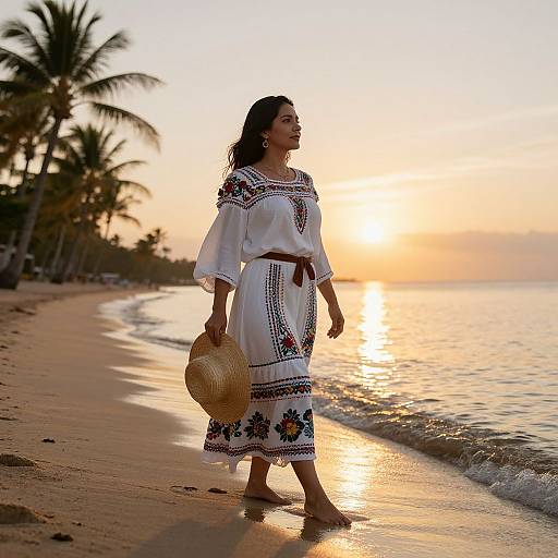 Photograph of a smiling woman in a white embroidered dress, holding a straw hat, walking on a tropical beach at sunset with palm trees and calm waves