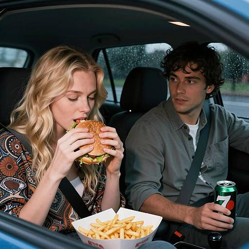 Nighttime Car Moment with Fast Food