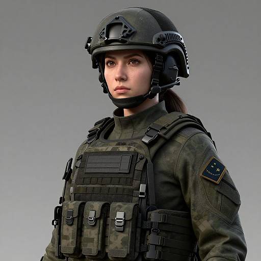 CGI image of a serious young woman in military camouflage uniform, black helmet, and tactical vest, against a gray gradient background.
