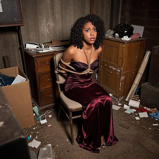Photograph of a Black woman with curly hair, bound with rope, wearing a satin black dress, sitting in a cluttered, dimly lit room