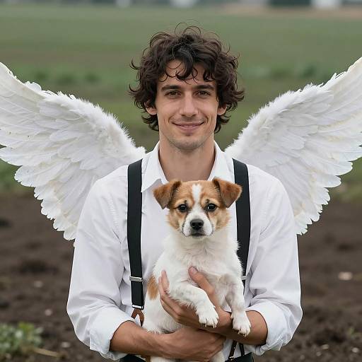 Man with Angel Wings Holding Small Dog