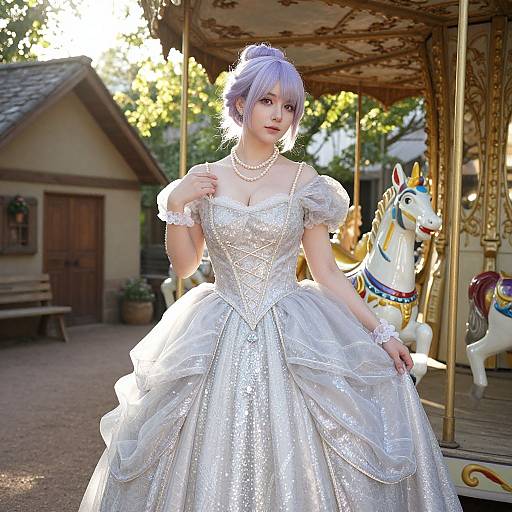 Photograph of a fair-skinned woman with purple hair in a silver, sparkling ball gown, pearl necklace, and wristbands, standing on a vintage
