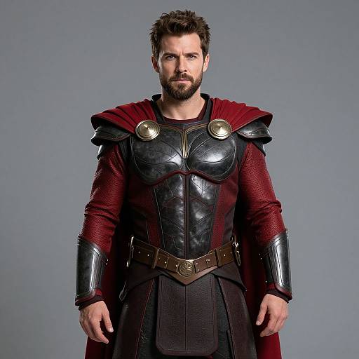 Photograph of a muscular, bearded man in dark red and black medieval-style armor with metallic shoulder plates and a leather belt.