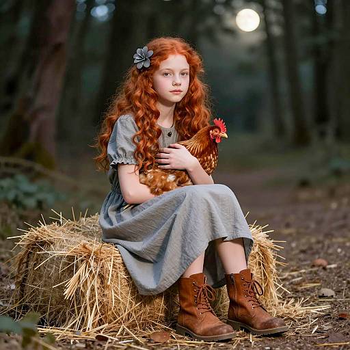 Serene Girl with Chicken in Forest