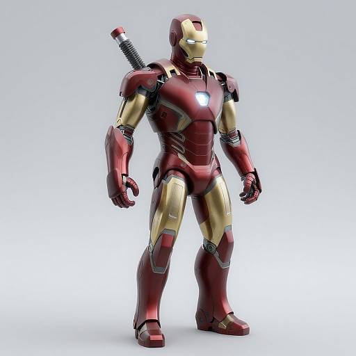 Photorealistic digital rendering of Iron Man in his classic red and gold armor, standing against a white gradient background.