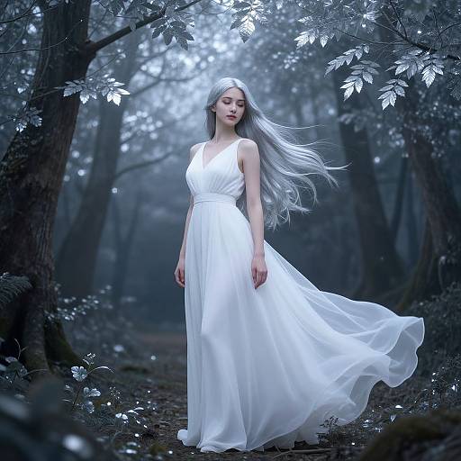 Photograph of a slender, fair-skinned woman with long silver hair, wearing a flowing white dress in a misty, enchanted forest.