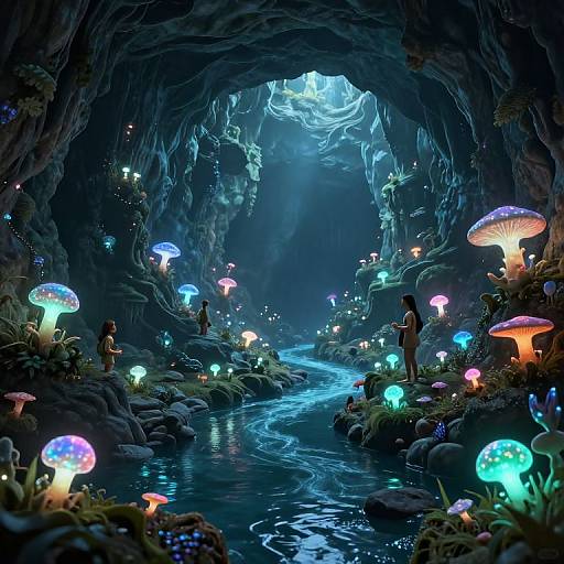 Digital fantasy artwork of a glowing, bioluminescent cave with a flowing stream, colorful mushrooms, and illuminated creatures under a starry, ethereal