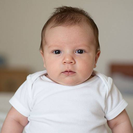 Photograph of a chubby-cheeked baby with fair skin, dark brown hair, and large blue eyes, wearing a plain white t-shirt, against