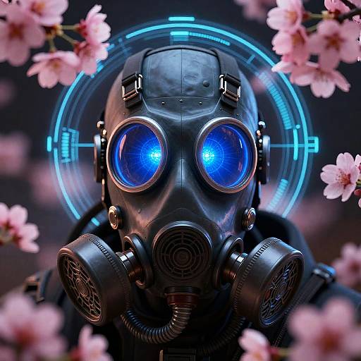 Cyberpunk Gas Mask with Glowing Blue Eyes and Cherry Blossoms