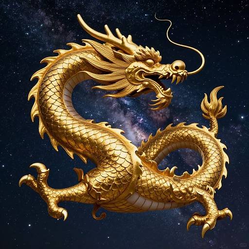 Golden dragon with intricate scales, curled in mid-air, against a starry night sky. Digital artwork with vibrant, shimmering details.