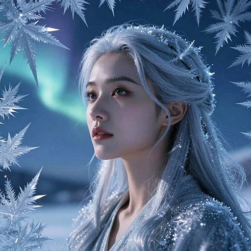 Woman with Northern Lights Hair and Frost Patterns