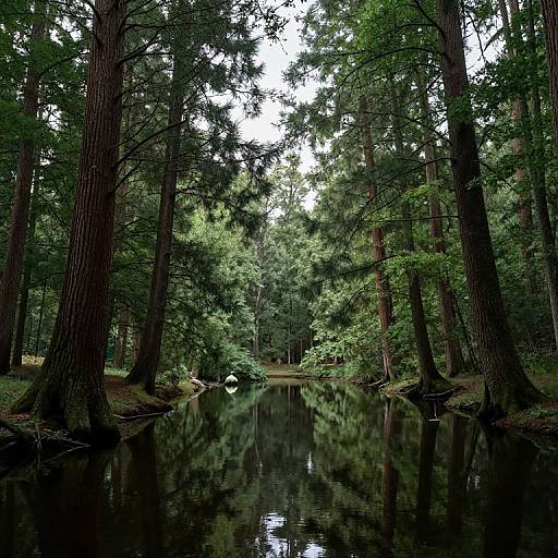 Photograph of a serene forest with tall pine trees, dense green foliage, and a calm, reflective creek in the center.