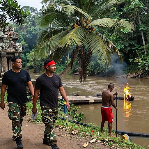 Men by River with Fire and Jungle Background