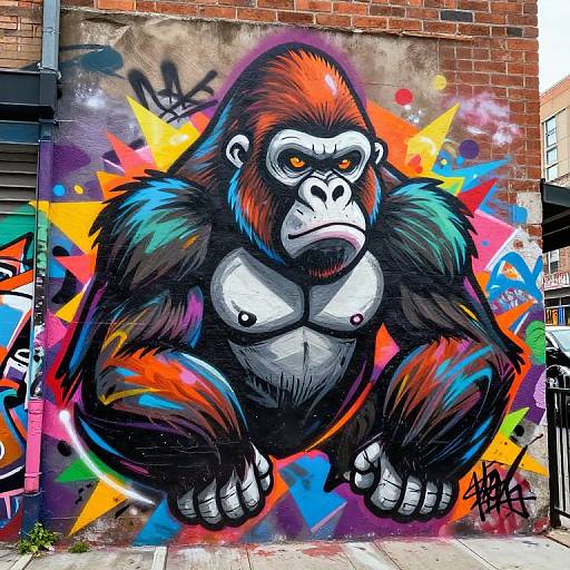 Vibrant graffiti of muscular, anthropomorphic gorilla with fiery red, blue, and orange fur, intense expression, and colorful starburst background on
