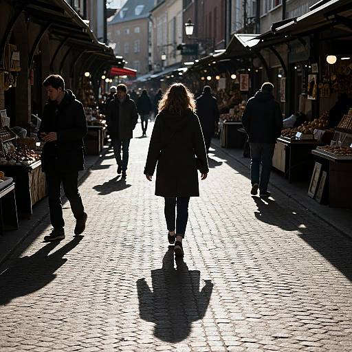 Photograph of a sunlit, cobblestone market street, silhouetted people walking, vendors' stalls on both sides, high contrast shadows