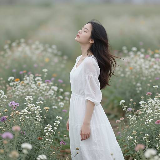 Photograph of an Asian woman with long black hair, eyes closed, wearing a white, flowing dress, standing in a field of colorful wildflowers,