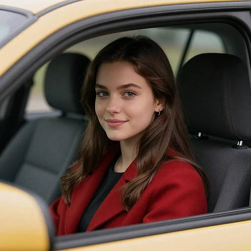 Smiling Woman in a Yellow Car