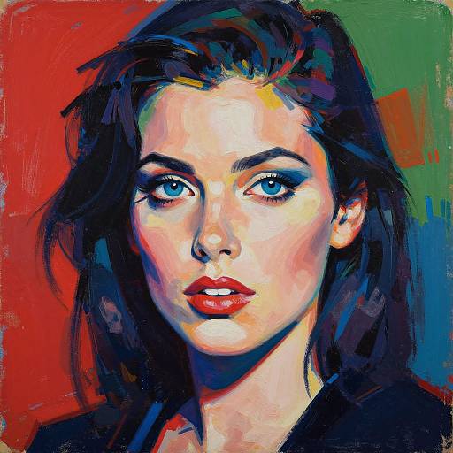 Vibrant digital painting of a woman with striking blue eyes, full red lips, and black hair against a colorful red and green background. Bold,