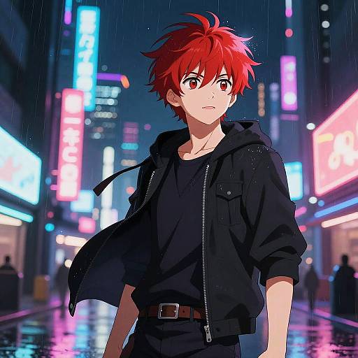 Anime Boy with Red Hair in Neon City