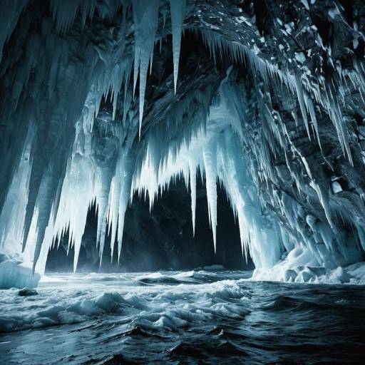 Frozen Ice Cavern with Icicles and Ocean Waves