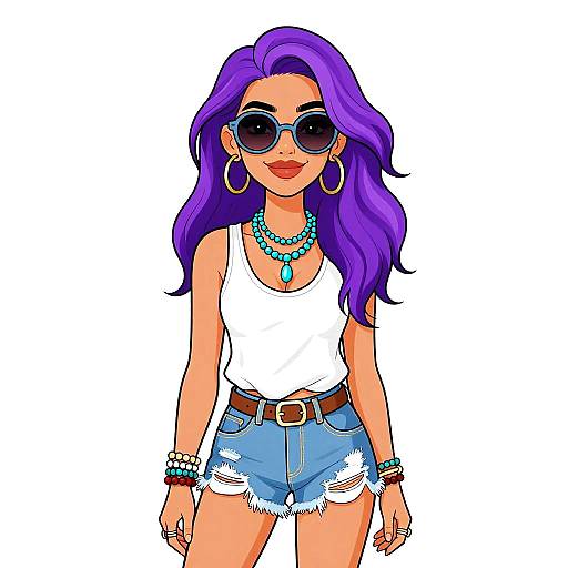 Digital illustration of a stylish woman with purple hair, wearing oversized sunglasses, white tank top, blue denim shorts, turquoise necklace, and hoop earrings.