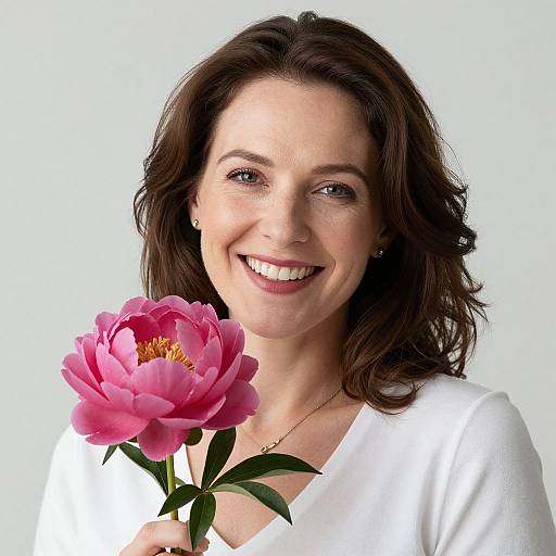 Photograph of a smiling middle-aged woman with fair skin, brown wavy hair, wearing a white blouse, holding a vibrant pink peony against a