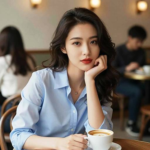 Photograph of an Asian woman with long black hair, wearing a light blue shirt, sitting in a café, resting her chin on her hand, with
