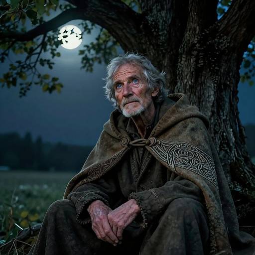 Photograph of an elderly man with gray beard and wavy hair, wearing a medieval-style, ornately-patterned brown cloak, sitting under a tree