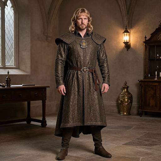 Photograph of a blonde, bearded man in medieval brown, patterned tunic with shoulder pads, brown belt, standing in a dimly lit