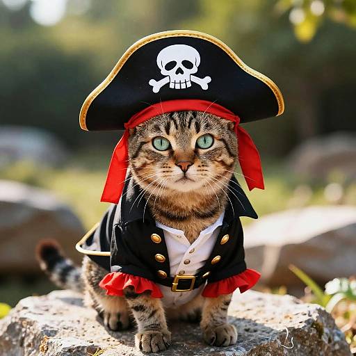 Photograph of a tabby kitten with bright green eyes, wearing a pirate hat with a skull, red ribbon, and black pirate jacket with gold buttons