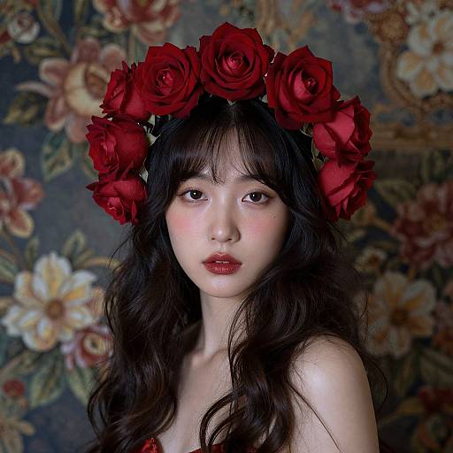 Photograph of an Asian woman with pale skin, long wavy black hair, red rose flower crown, red lipstick, floral-patterned background.