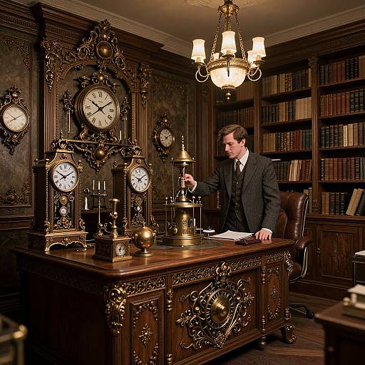 Photograph of a man in a dark suit writing at an ornate wooden desk with antique clocks, in a dimly lit, vintage library.