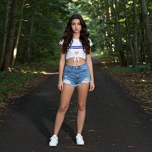 Photograph of a young woman with long dark hair, wearing a tied-up white crop top, high-waisted denim shorts, and white sneakers,