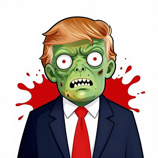 Cartoon-style drawing of green-skinned, zombie-like Donald Trump with wide, bloodshot eyes, sharp teeth, blood splatters, and red tie