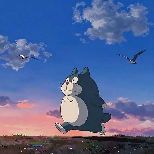 Digital illustration of a chubby, blue and white cartoon cat running against a vibrant sunset sky with two flying birds.