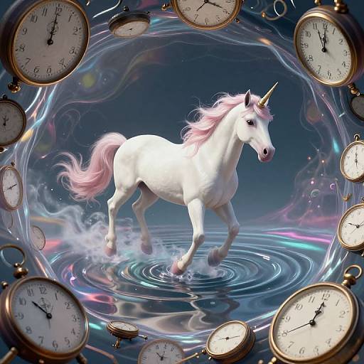 Digital artwork of a white unicorn with pink mane and tail, mid-leap, surrounded by floating clocks in a swirling, blue, and purple, wat
