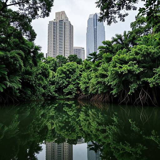 Photograph of a city skyline with tall, modern skyscrapers reflecting in a calm, green-forested river, surrounded by dense foliage.