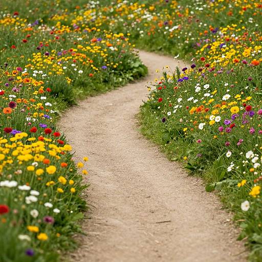 Photograph of a winding dirt path flanked by vibrant, multicolored wildflowers, including yellow, red, white, and purple blooms, in