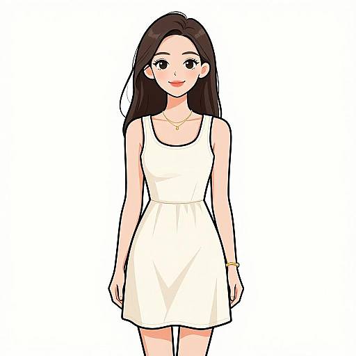 Digital anime-style drawing of a smiling, light-skinned woman with long black hair, wearing a sleeveless white dress, gold necklace, and bracelet,