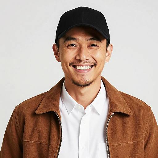 Smiling Asian Man in Brown Jacket and Black Cap