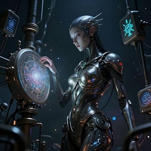 Digital art: Cybernetic woman with silver, reflective armor and spiky headgear, interacting with glowing holographic devices in a dark, futuristic lab