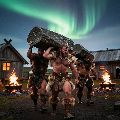 Photograph of three muscular, bearded men in fur loincloths carrying large rocks, under a vivid aurora borealis, with wooden cabins