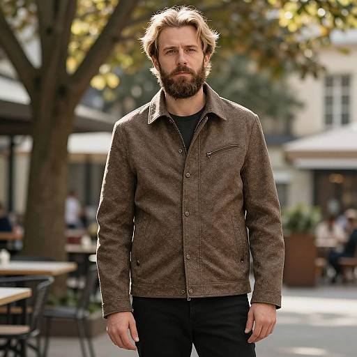 Photograph of a bearded Caucasian man with light brown hair, wearing a brown corduroy jacket over a black shirt, standing outdoors in a sun