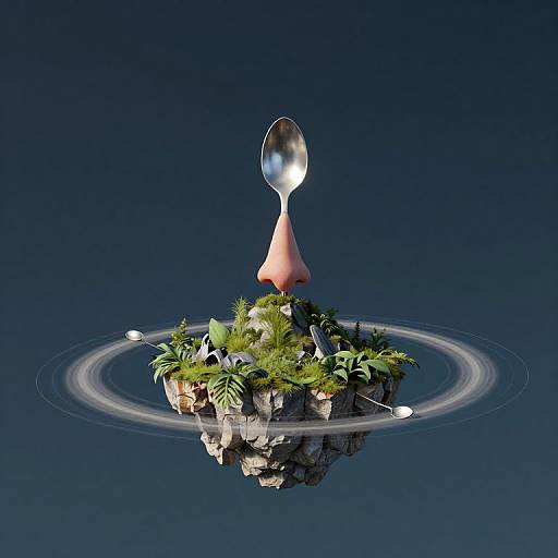 Digital artwork: Floating rock with green plants, silver spoon, pink cone, and white rings on dark blue background. Whimsical, surreal style.