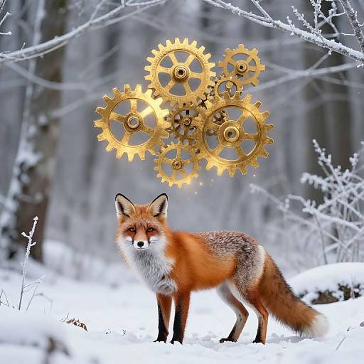 Photograph of a red fox standing in a snowy forest, with large golden gears floating above its head, blending nature and machinery.