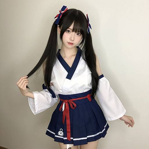 Photograph of an Asian woman with long black pigtails, wearing a white and navy blue Japanese-inspired outfit with red ribbon, against a plain white