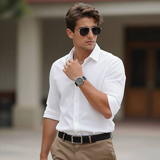 Photograph of a handsome, dark-haired man in white button-up shirt, beige pants, black belt, black watch, and sunglasses, standing confidently outdoors