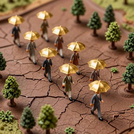 Photograph of miniature figures holding glowing gold umbrellas walking on a cracked, red dirt road, surrounded by small green trees.
